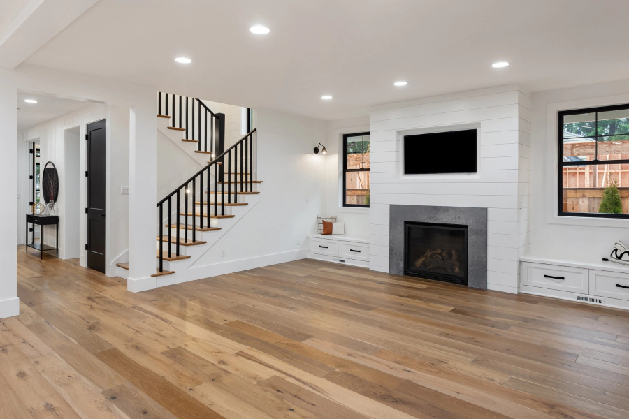 interior of a living room with hardwood floor